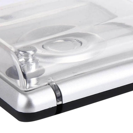 Digital Jewellery Scale 20g Capacity for Small Gems and Metals - close-up of silver scale with clear protective cover and calibration weight