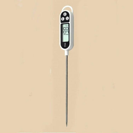 Digital Kitchen Food Thermometer With Stainless Steel Probe showing digital display and long 304 stainless probe for meat, oil, soups and beverages