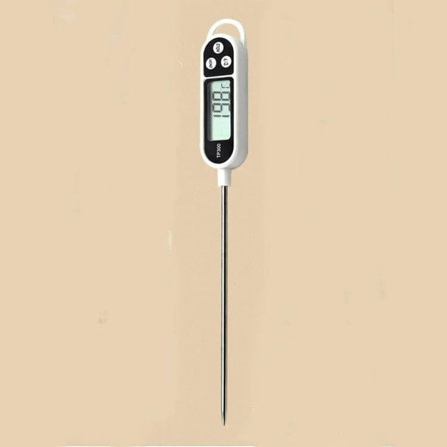 Digital Kitchen Food Thermometer With Stainless Steel Probe showing digital display and long 304 stainless probe for meat, oil, soups and beverages