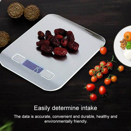 Digital Kitchen Scale For Measuring Ingredients, 10kg/1g Capacity with stainless steel platform showing dried fruits and tomatoes