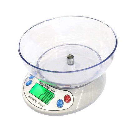 Digital Kitchen Scale 6 Kg Capacity For Measuring Ingredients compact white digital scale with clear bowl and green LCD showing 200g