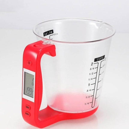 Digital Kitchen Scale With Measuring Cup, 1000g to 1g Precision - red-handled measuring cup with LCD display showing grams and cup markings