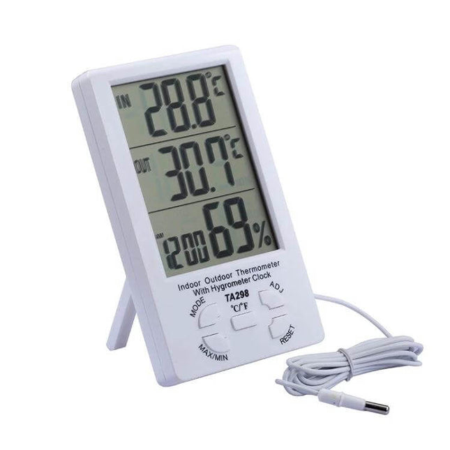 Digital LCD Hygrometer and Thermometer With Extra Sensor Cable showing 4.3-inch LCD temperature and humidity readings for indoor/outdoor monitoring