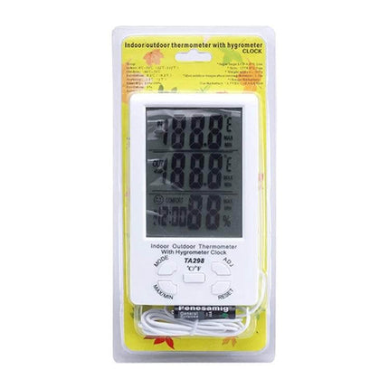 Digital LCD Hygrometer and Thermometer With Extra Sensor Cable showing 4.3-inch LCD display in plastic case for indoor/outdoor monitoring