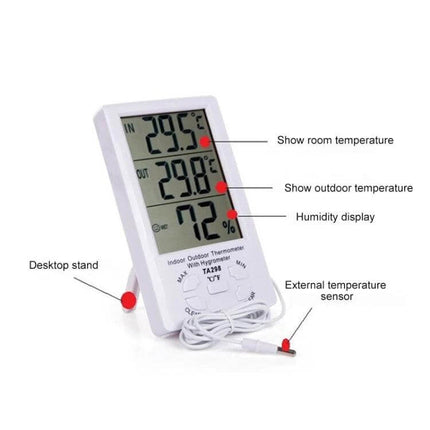 Digital LCD Hygrometer and Thermometer With Extra Sensor Cable showing indoor/outdoor temps 4.3-inch LCD humidity display and external sensor cable