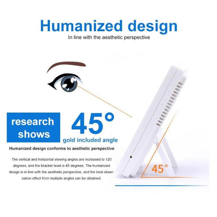 Digital LCD Hygrometer and Thermometer With Extra Sensor Cable showing 45° humanized design angle on 4.3-inch LCD monitoring device