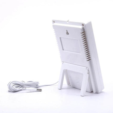 Digital LCD Hygrometer and Thermometer With Extra Sensor Cable - rear view showing stand and external sensor cable