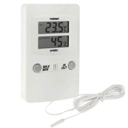 Digital LCD Indoor Outdoor Humidity Thermometer For Home - white compact LCD thermo-hygrometer with probe showing 23.5°C and 45% humidity