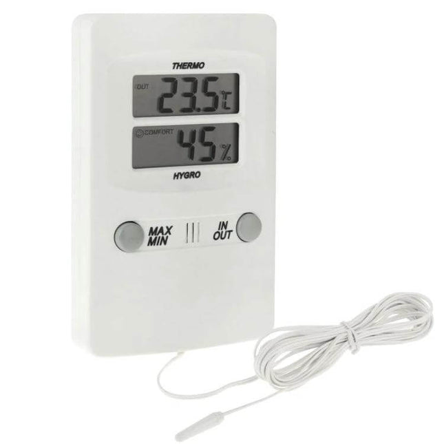 Digital LCD Indoor Outdoor Humidity Thermometer For Home white LCD hygrometer showing 23.5°C and 45% humidity with external probe