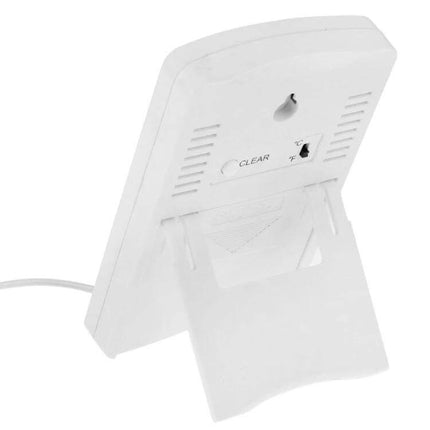 Digital LCD Indoor Outdoor Humidity Thermometer For Home white ABS housing rear view with fold-out stand and probe port