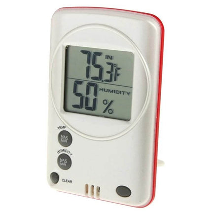 Digital LCD Indoor Outdoor Weather Humidity Hygrometer Thermometer showing 75°F and 50% humidity in white ABS housing