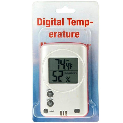 Digital LCD Indoor Outdoor Weather Humidity Hygrometer Thermometer in retail blister pack showing 74.4°F and 52% humidity