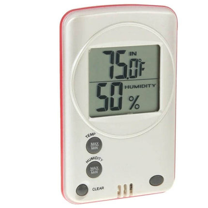 Digital LCD Indoor Outdoor Weather Humidity Hygrometer Thermometer showing 75°F and 50% humidity on white ABS housing display