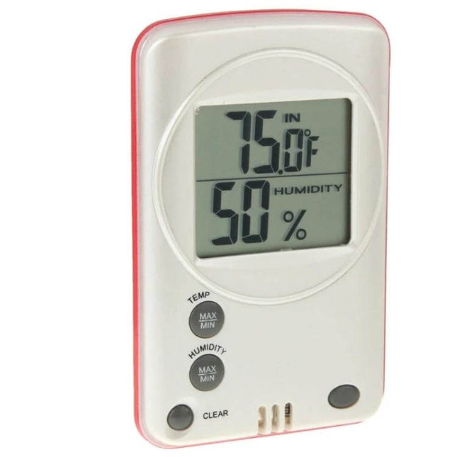 Digital LCD Indoor Outdoor Weather Humidity Hygrometer Thermometer showing 75°F and 50% humidity on white ABS housing display