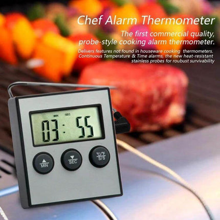 Digital Oven Thermometer With Probe For Kitchen BBQ And Meat showing compact digital display, timer buttons and long probe monitoring meat on grill
