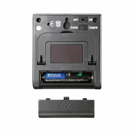 Digital Oven Thermometer With Probe For Kitchen BBQ And Meat showing back compartment, battery slot and ON/OFF switch