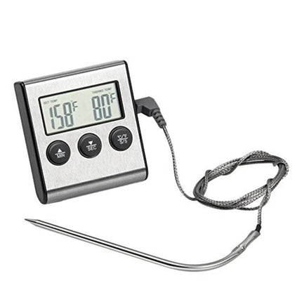 Digital Oven Thermometer With Probe For Kitchen BBQ And Meat — stainless probe and cord with digital display showing 158°F