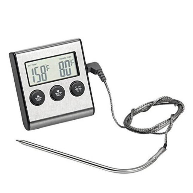 Digital Oven Thermometer With Probe For Kitchen BBQ And Meat — stainless probe and cord with digital display showing 158°F