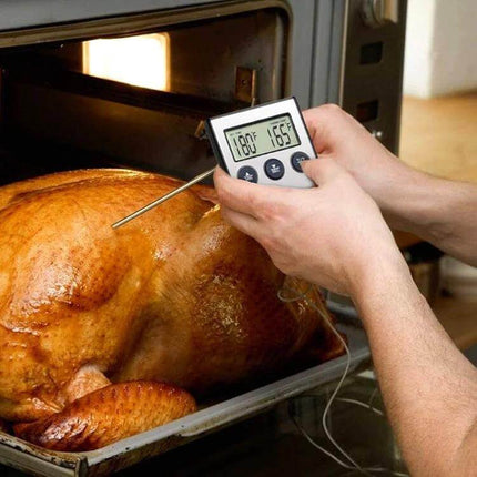 Digital Oven Thermometer With Probe For Kitchen BBQ And Meat showing probe in roasted turkey with external display