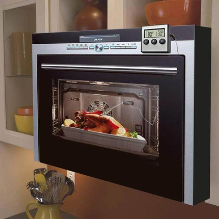 Digital Oven Thermometer With Probe For Kitchen BBQ And Meat clipped to oven door monitoring a roast with long probe and external display