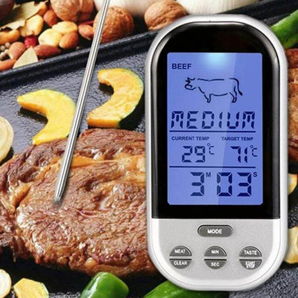Digital Probe Oven Thermometer For Kitchen Cooking stainless steel probe showing beef temp and wireless receiver monitoring steak on grill