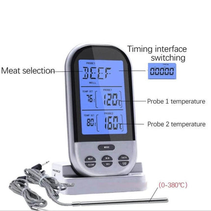 Digital Probe Oven Thermometer For Kitchen Cooking stainless steel probe with wireless receiver showing dual probe temperatures and meat selection