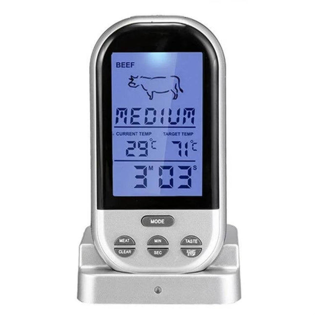 Digital Probe Oven Thermometer For Kitchen Cooking stainless steel wireless probe with LCD display showing beef medium doneness