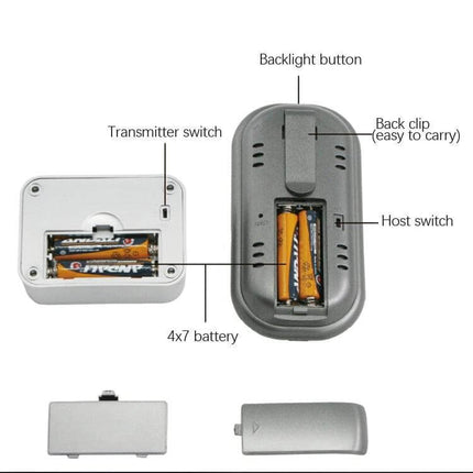 Digital Probe Oven Thermometer For Kitchen Cooking wireless receiver and transmitter showing battery compartments and back clip