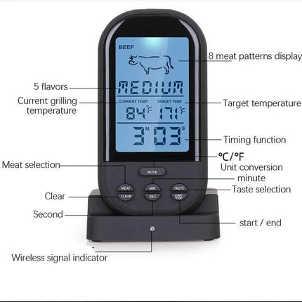 Digital Probe Oven Thermometer For Kitchen Cooking stainless steel probe with wireless receiver showing temperature, timer and meat selection