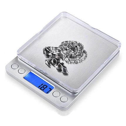 Digital Scale With Stainless Steel Platform For Jewelry And Coins compact 2kg precision scale showing necklace on 4x4 inch platform