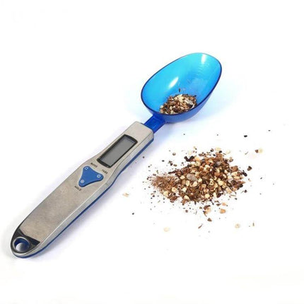 Digital Spoon Scale With LCD Display For Accurate Kitchen Measurements - stainless steel spoon scale with removable blue head and LCD readout