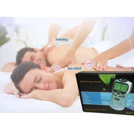 Digital Therapy Massager For Body Pain Relief At Home showing device with large LCD and users receiving neck and back massage