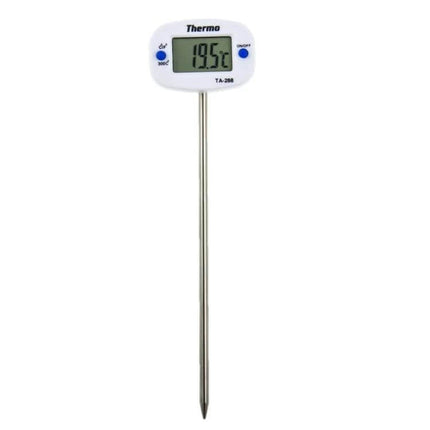 Digital Thermometer For Kitchen Lab And BBQ With 150mm Sensor Wire showing probe and digital display reading 19.5°C