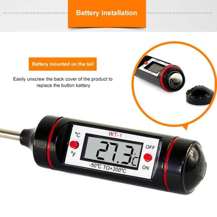 Digital Thermometer HT-1 For Kitchen And Everyday Use showing battery installation, 125mm probe, digital display reading 27.3°C