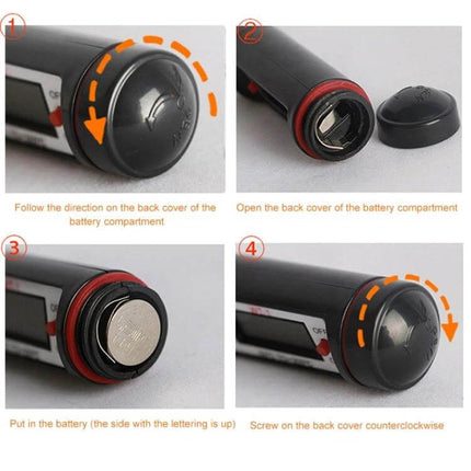 Digital Thermometer HT-1 For Kitchen And Everyday Use showing battery compartment steps with back cover removal, battery insertion, and cover screw-on