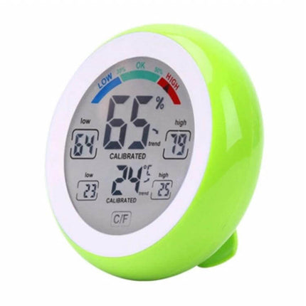 Digital Thermometer Hygrometer for Home Use With Clock - green compact digital display showing 65% humidity and 24°C temperature
