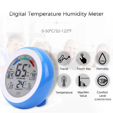 Digital Thermometer Hygrometer for Home Use With Clock compact round blue unit showing temperature humidity clock display for kitchen nursery office