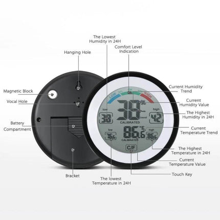 Digital Thermometer Hygrometer for Home Use With Clock showing LCD humidity and temperature readouts, comfort level and 24H min/max indicators