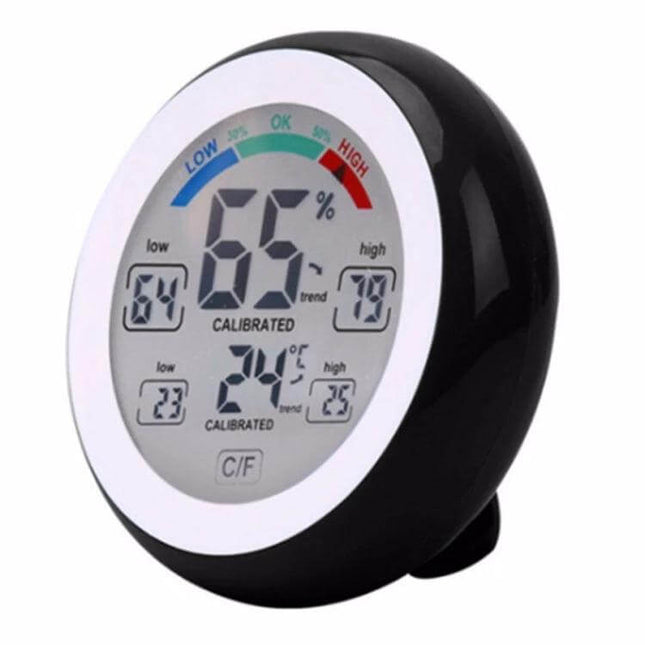 Digital Thermometer Hygrometer for Home Use With Clock compact round digital display showing 65% humidity, temperature and built-in clock