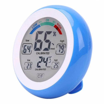 Digital Thermometer Hygrometer for Home Use With Clock showing temperature 24°C humidity 65% clear digital display compact blue unit