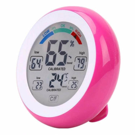 Digital Thermometer Hygrometer for Home Use With Clock compact pink digital display showing 65% humidity and 24°C temperature