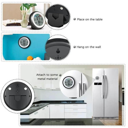 Digital Thermometer Hygrometer for Home Use With Clock showing table, wall, and fridge mounting options in modern kitchen