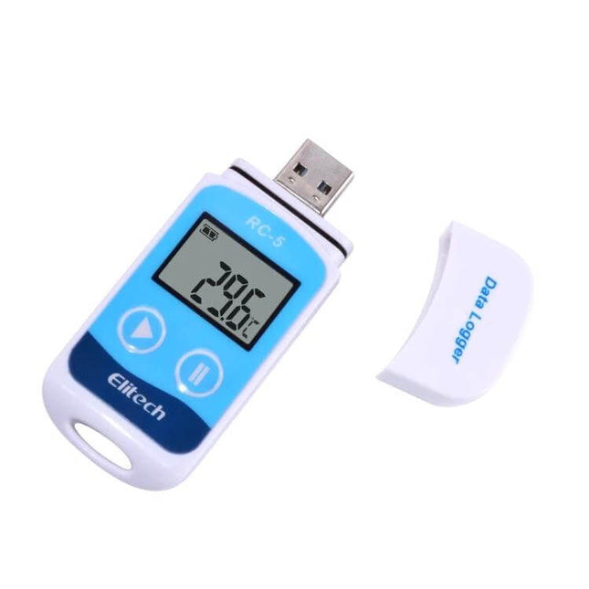 Digital USB Temperature Data Logger for Cold Storage showing compact USB logger with LCD reading - blue white plastic housing