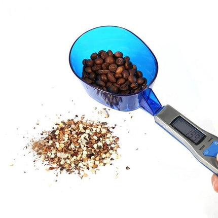 Digital Spoon Scale With LCD Display For Accurate Kitchen Measurements - stainless spoon weighing coffee beans and chopped nuts on LCD readout