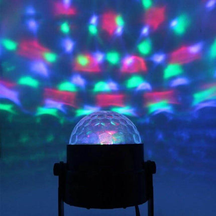 Disco Ball Party Light Sound Activated For Parties And Events projecting rotating RGB patterns, compact 3W unit for birthdays, weddings, karaoke and pool parties