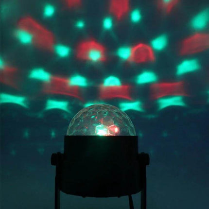 Disco Ball Party Light Sound Activated For Parties And Events projecting rotating RGB patterns, compact 3W unit, sound-activated for parties and weddings
