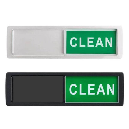 Dishwasher Magnet Clean/Dirty Sign, Double-Sided, Black and White showing green CLEAN side with silicone-backed magnetic frame