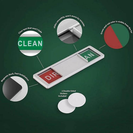 Dishwasher Magnet Clean/Dirty Sign, Double-Sided, Black and White showing sliding red DIR and green AN indicators, magnetic back with silicone protection