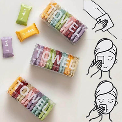 Disposable Compressed Towels 14 Pack For Travel And Daily Use - colorful individually wrapped compressed cotton towels in clear packs for travel, makeup removal