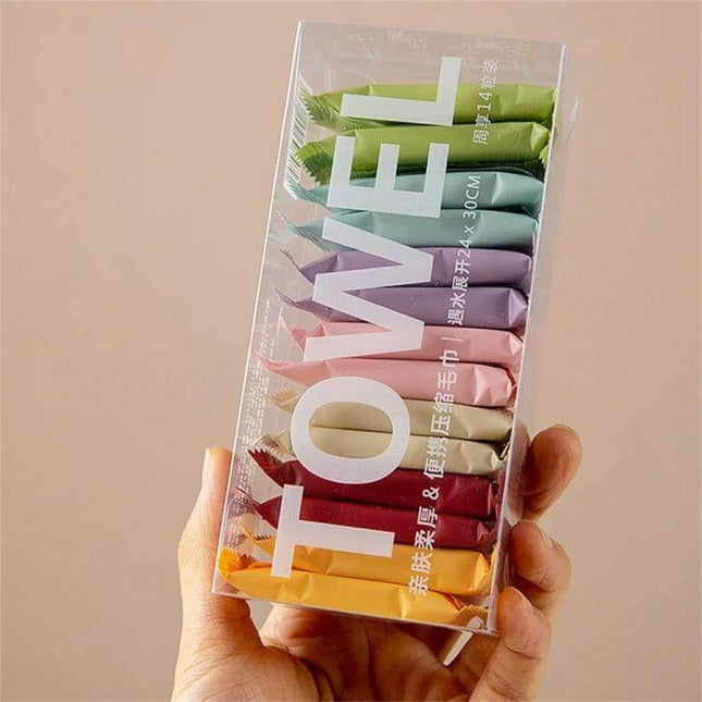 Disposable Compressed Towels 14 Pack For Travel And Daily Use - colorful compressed cotton towels in clear plastic box for travel and daily cleansing